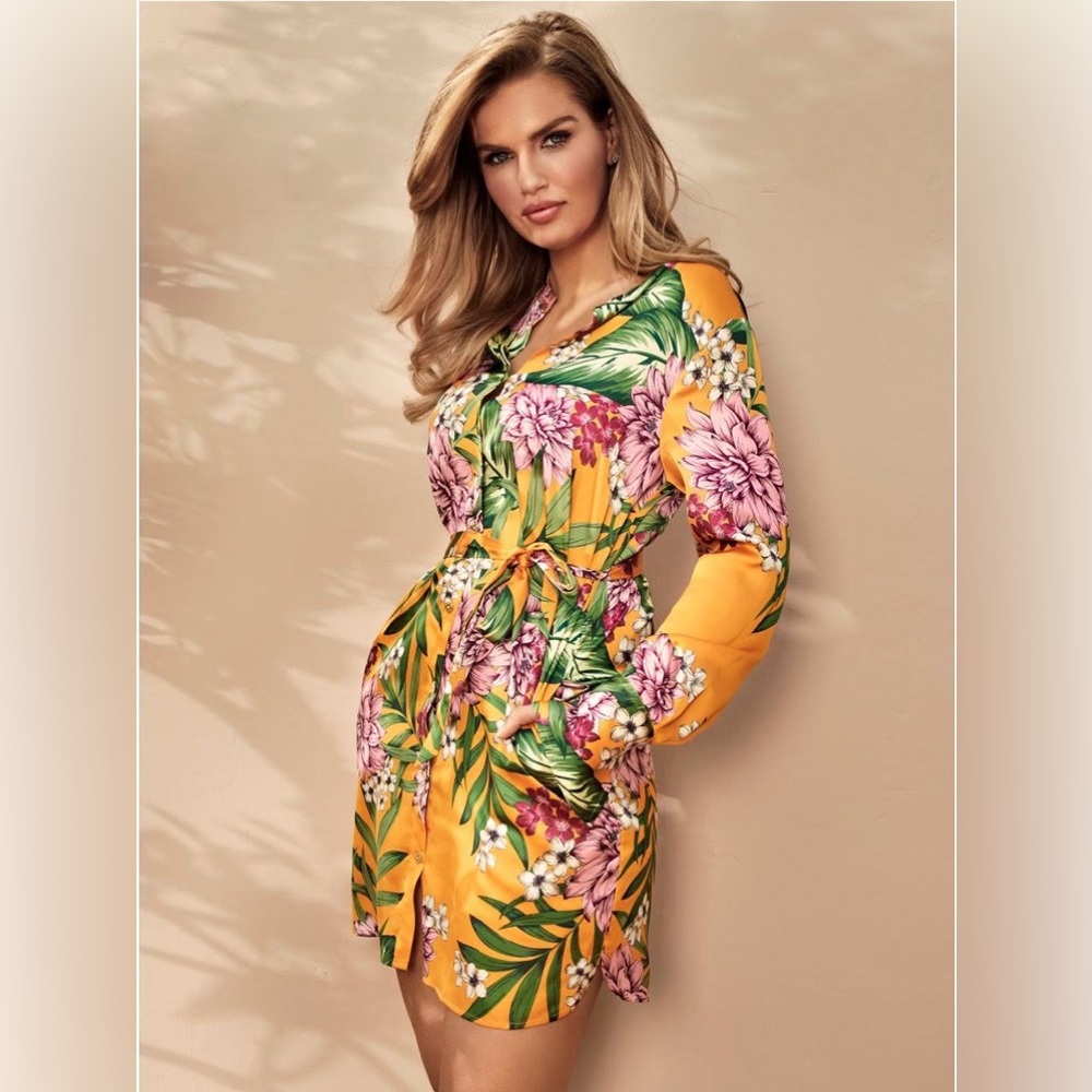 Marciano Silky Tropical Print Kimono Shirt Dress
